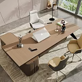 Modern Office Desk with Open Laptop Small Figurine Table Lamp and Two Chairs White Beige