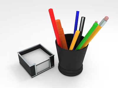 Colorful Colored Pens Stored in Black Pen Holder with Square Box 3d model