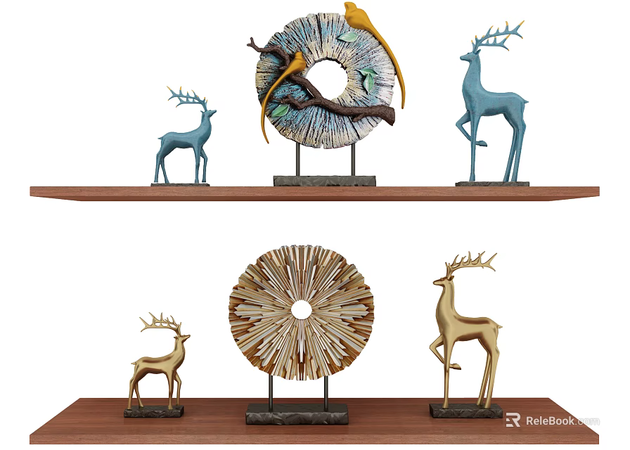 Decorative Ornament Set With Blue Gold Deer Figurines And Circular Decor On Wooden Shelves 3d model 