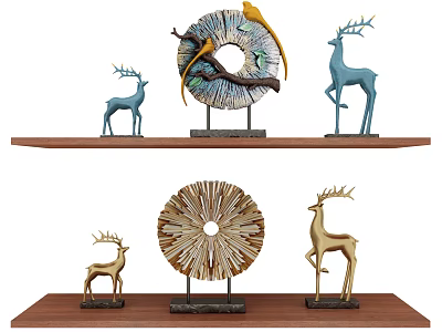 Decorative Ornament Set With Blue Gold Deer Figurines And Circular Decor On Wooden Shelves 3d model