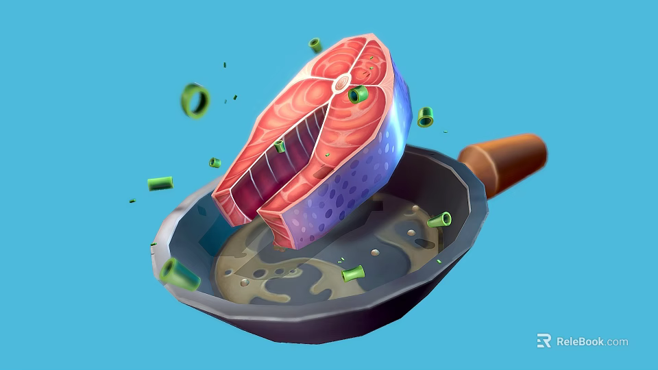 Fresh Fish Fillet Being Flipped In Cooking Pan With Green Vegetable Pieces 3d model 