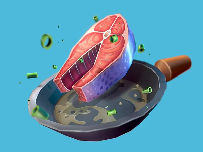 Fresh Fish Fillet Being Flipped In Cooking Pan With Green Vegetable Pieces 3d model