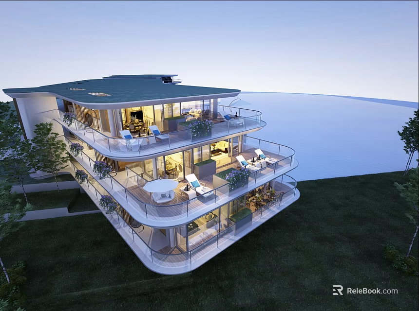 Modern Detached Villa With Multi Level Balconies Lush Lawn And Trees 3d model