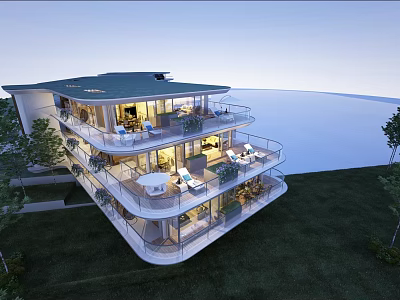 Modern Detached Villa With Multi Level Balconies Lush Lawn And Trees 3d model