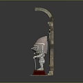 Stone Archway Structure With Green Banners And Silver Knight Statue On Red Pedestal