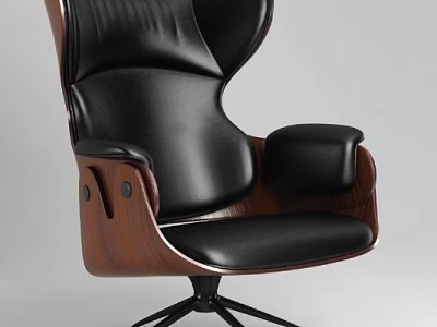 High Back Office Chair With Black Leather Upholstery Padded Seat And Wooden Armrests 3d model