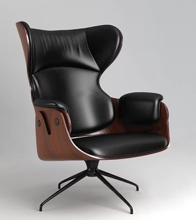 High Back Office Chair With Black Leather Upholstery Padded Seat And Wooden Armrests 3d model