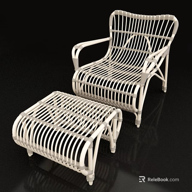 White Wicker Leisure Chair With Matching Ottoman And Rattan Weave Design 3d model 