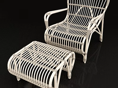 White Wicker Leisure Chair With Matching Ottoman And Rattan Weave Design 3d model