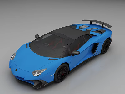 Blue Lamborghini Sports Car With Black Roof Red Interior And Rear Spoiler 3d model