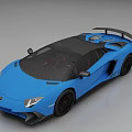 Blue Lamborghini Sports Car With Black Roof Red Interior And Rear Spoiler