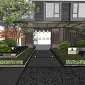 Modern Garden Landscape With Building Entrance Trees Shrubs And Paved Path