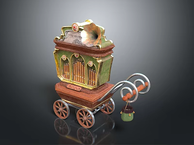 Ornate Vintage Decorative Cart With Gold Accents Green Brown Finish Glass Doors And Wheels 3d model