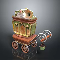 Ornate Vintage Decorative Cart With Gold Accents Green Brown Finish Glass Doors And Wheels