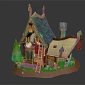 Cartoon Scene of Whimsical Cottage with Blue Thatched Roof Wooden Ladder Green Trees and Stone Chimney