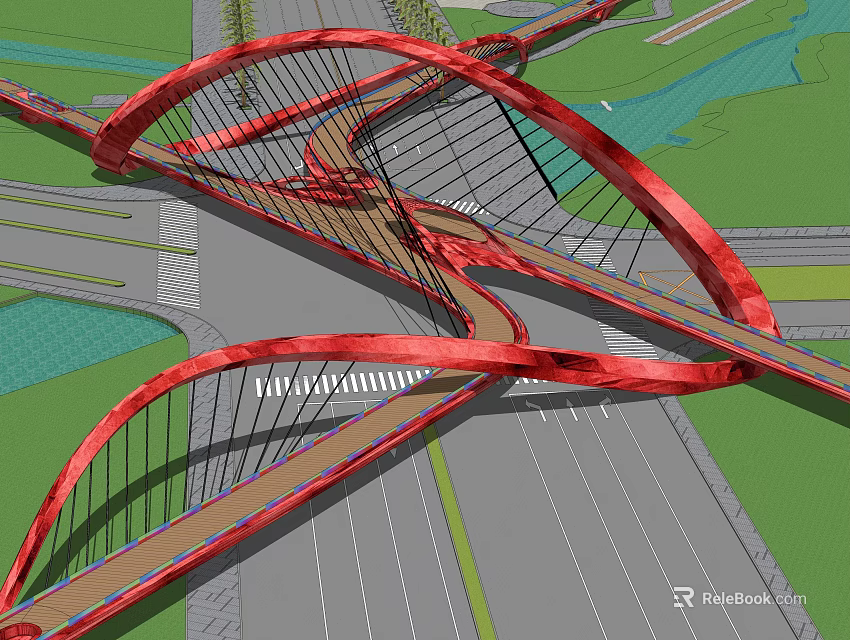 Modern Red Arch Bridge With Multiple Curved Structures Spanning Road Green Area And Water 3d model 