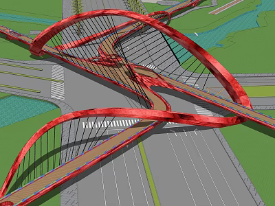 Modern Red Arch Bridge With Multiple Curved Structures Spanning Road Green Area And Water 3d model