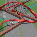 Modern Red Arch Bridge With Multiple Curved Structures Spanning Road Green Area And Water
