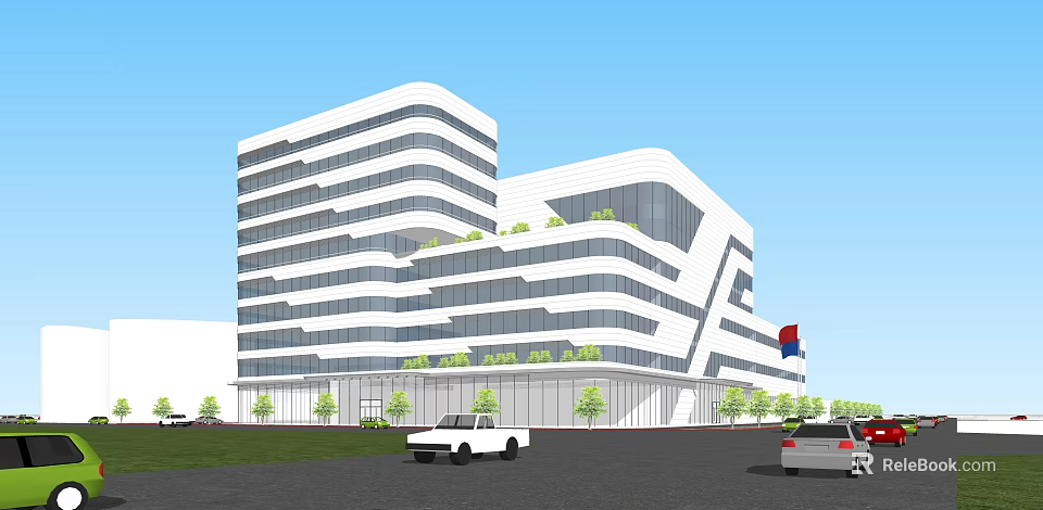 Modern Industrial Factory Building Multi storey Structure With Glass Windows Greenery And Vehicles 3d model 