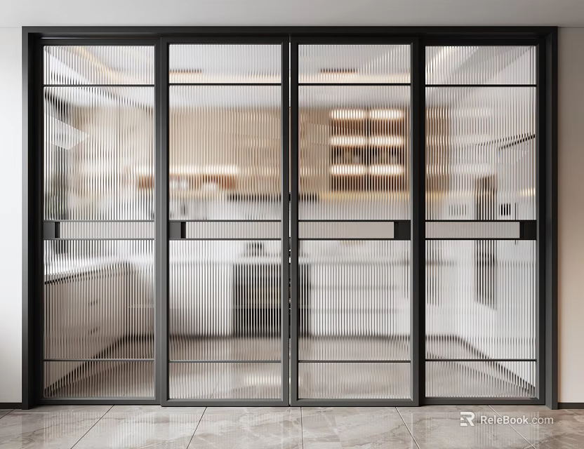 Modern Glass Sliding Doors With Black Frame For Kitchen Interior Design 3d model 