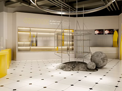 Modern Retail Store Interior In Shopping Mall With Yellow Counters White Tile Floor And Display Shelves 3d model