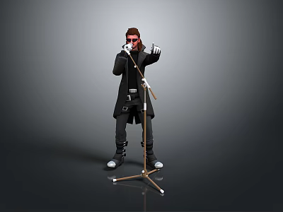 A Man Singing at Microphone Stand in Black Coat Red Glasses with Gray Background 3d model