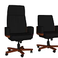 Executive Black Leather Office Chairs With Brown Wooden Arms And Swivel Wheels Design