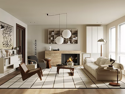 Modern Living Room Interior With Sofa Fireplace Wooden Floor Pendant Lights And Area Rug 3d model