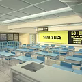 School Classroom Interior With Blue Desks And Chairs Green Blackboard Projector Lockers And Clock