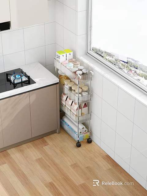 Multi tier Wheeled Kitchen Shelf with Storage Supplies in Corner 3d model 