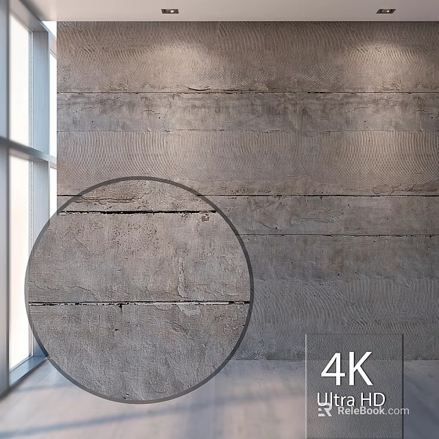 Concrete Wall Components with Textured Surface Cracks and Round Decorative Element in 4K 3d model