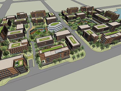 Modern Office Building Campus With Green Roofs And Central Landscaped Areas 3d model