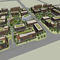 Modern Office Building Campus With Green Roofs And Central Landscaped Areas