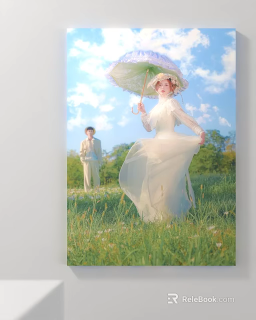 Portrait Painting of Woman in White Dress Holding Umbrella And Man in Green Meadow 3d model 