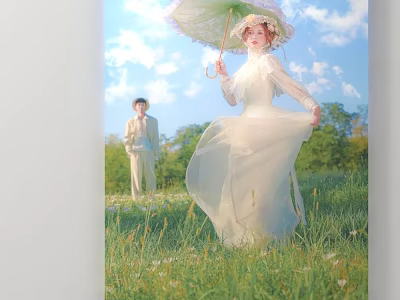 Portrait Painting of Woman in White Dress Holding Umbrella And Man in Green Meadow 3d model
