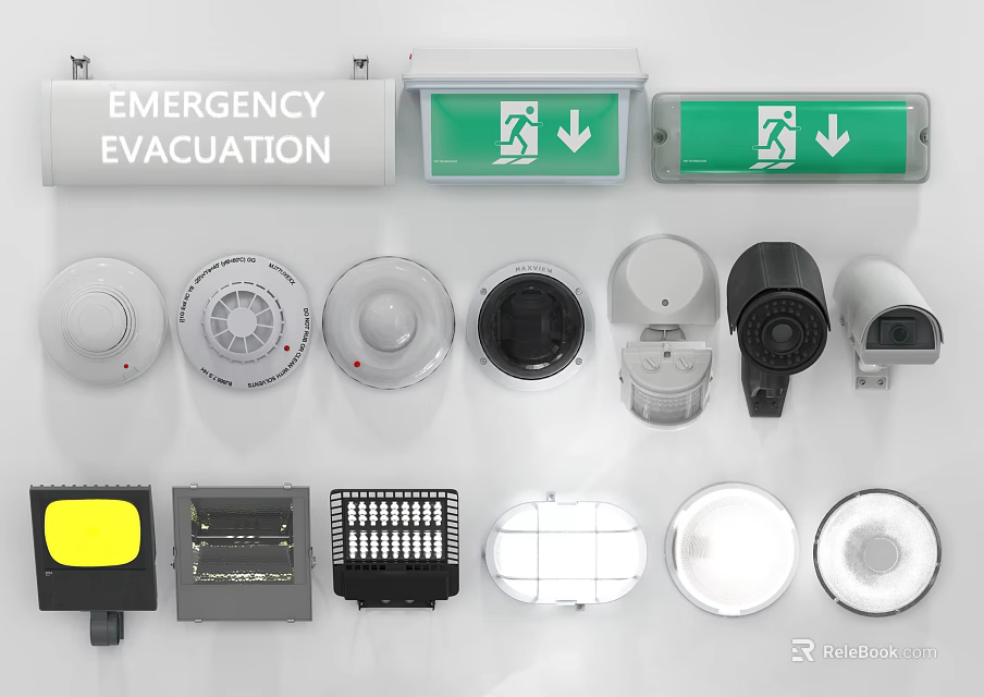 Comprehensive Projection Monitoring System With Various Surveillance Cameras Projectors And Emergency Signage 3d model 