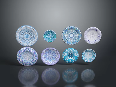 Carved Ceramic Plates With Blue And White Patterns Various Sizes Arranged On Dark Background With Reflections 3d model