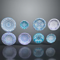 Carved Ceramic Plates With Blue And White Patterns Various Sizes Arranged On Dark Background With Reflections 3d model