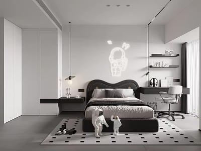 Modern Bedroom With Astronaut Projection Black Headboard Gray Sheets And Checkered Rug 3d model