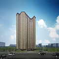 Tall Modern Residential Building With Surrounding Greenery Road And Cars Under Blue Sky