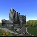 Modern Hospital Building With High Rise Glass Facade And Green Surrounding Landscape