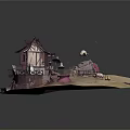 Cartoon Countryside Scene with Cottage Red Roof Windmill Sheep and Wooden Barrels