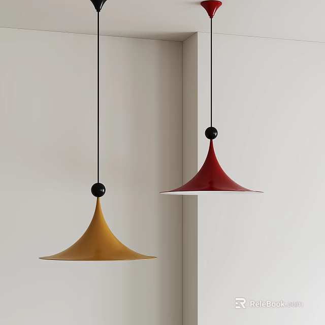 Two Funnel Shaped Pendant Lights With Amber Red Shades Black Cords On White Wall 3d model 