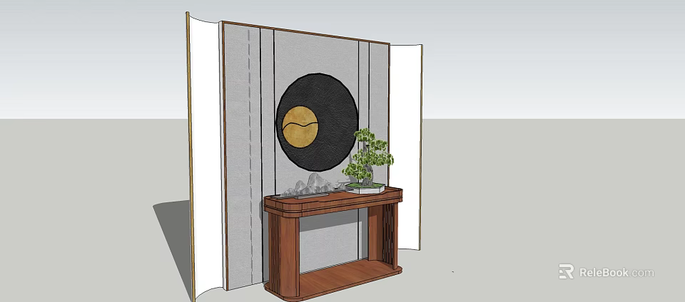 Wooden Console Table With Potted Plant Circular Decor And Screen Background 3d model