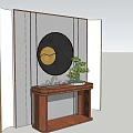 Wooden Console Table With Potted Plant Circular Decor And Screen Background 3d model