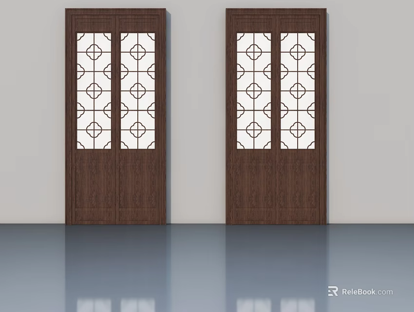 Dark Brown Wooden Swing Doors Featuring Geometric Pattern Glass Panels 3d model
