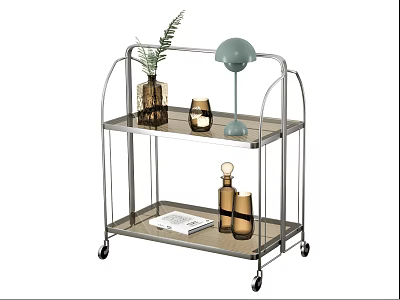 Stylish Two Tier Metal Cart With Wheels Holding Plant Vase Lamp Candles And Book 3d model