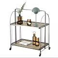 Stylish Two Tier Metal Cart With Wheels Holding Plant Vase Lamp Candles And Book