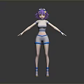 3D Woman Model With Purple Hair White Sportswear Blue Accents And Shoes On Gray Background