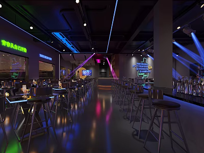 Modern Dark Bar Interior With Neon Sign Bar Counter And Metallic Stools 3d model